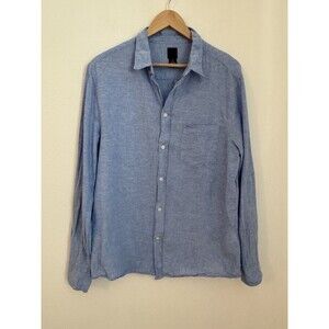 H&M Shirt Mens Linen Blend Button Up Casual Size L Large Blue Coastal Beachy